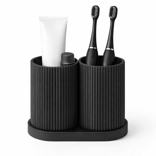 Bathora® Doppel-Zahnbürstenhalter aus 3D-Druck – Minimalistischer Zahnputzbecher mit 2 getrennten Fächern, Hygienischer Bad Organizer, Stabil & Leicht zu Reinigen – Für Bad & Gäste-WC (Schwarz)