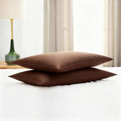 Image of Flat Ultra Thin Bed Pillows Standard Size Pillow Set of 2 Extra Soft Down Alternative for Stomach Back Sleeper Coffee Brown 20x26inches