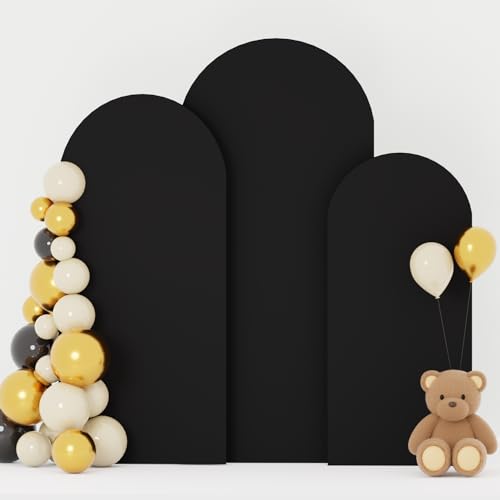 Image of FOTSHARER Spandex Fitted Wedding Arch Cover Set of 3 Black Arch Covers Stretchy Backdrop 6FT 6.6FT 7.2FT Round Top Back drop Cover for Arches Stand Wedding Arch Cover Backdrop Fabric for Parties Decor