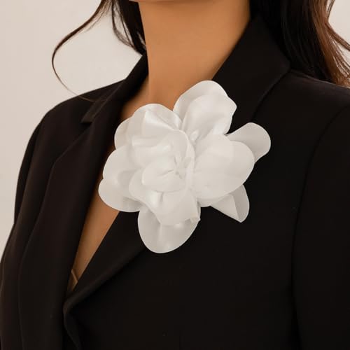 Image of Flower Pins Large Flower Brooches Dainty Satin Fabric Rose Flower Brooches Lapel Pins Delicate Elegant Silk Camellia Flower Oversized Brooch Pin for Women Wedding Part Dance Dress Suit Clothes Accessories Prom Jewelry Gifts