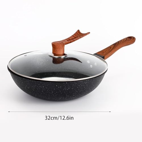 Wok negro redondo con recubrimiento de piedra de granito 12.6 pulg y tapa miniatura 6