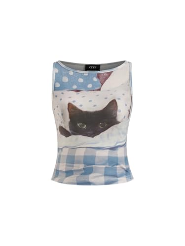 CIDER Tank Tops for Women Cat Graphic Gingham Ruched Sleeveless