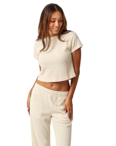 Almere Waffle Knit Lounge Set for Women Baby Tee and Sweatpants (Cream, Large)