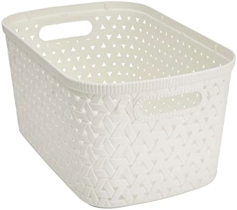Store & Order Stackable Extra Large Storage Basket - Decorative Plastic Box, Multi-Functional Boxes for around the home, Organiser Baskets for Toy Storage, Bedroom or Living Room - White Rattan 28L