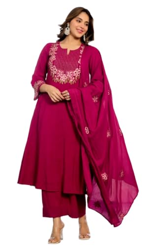 Image of KLOSIA Women's Embroidered A-Line Kurta Set with Dupatta | Floral Embroidery Ethnic Suit Set | Kurta Pant Set for Women | Festive, Wedding