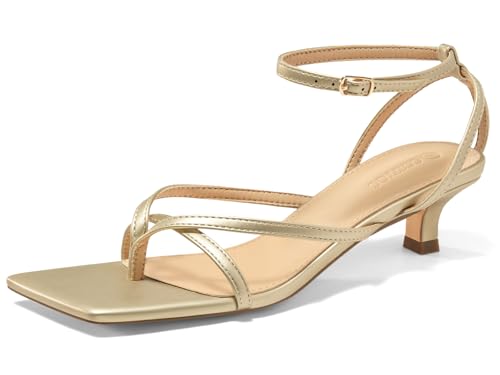 Coutgo Womens Strappy Low Kitten Heels Sandals Open Square Toe Flip Flop Summer Dress Party Shoes, Gold, size 9