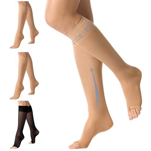 Aaronano 3 Pairs Open Toe Compression Socks for Women 8-10 mmHg Knee High Stockings 40D