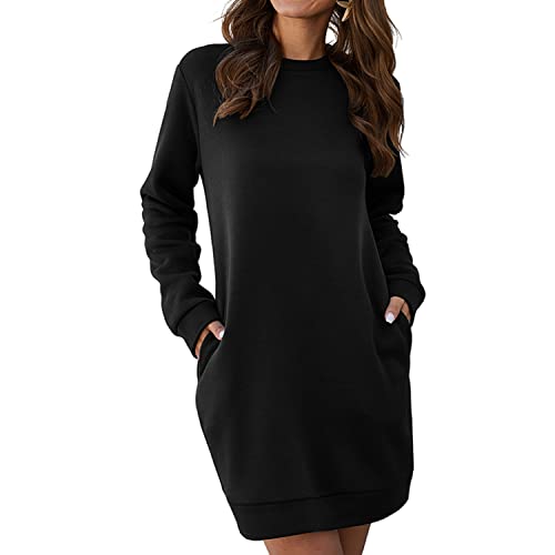 Homgro Women's Sweatshirt Dress Solid Long Sleeve Pullover Shirt Winter Warm Soft Mid-Thigh Length Tops Fashion Casual Streetwear Black Large #TOP2
