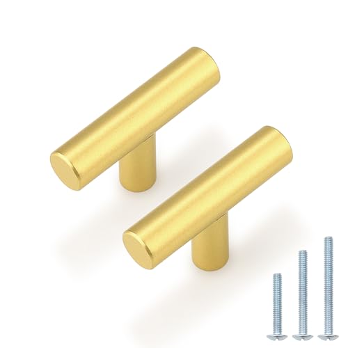 Image of Probrico 5 Pack Euro Style Gold Cabinet Knobs, Single Hole Stainless Steel Kitchen Cabinet Handles Round T Bar Dresser Drawer Cupboard Hardware, 2 Inch Total Length