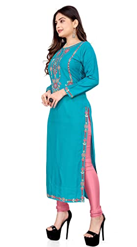 Image of Women's Rayon Embroidered Straight Kurti Under 499 Designer Attractive Look Women's Kurta