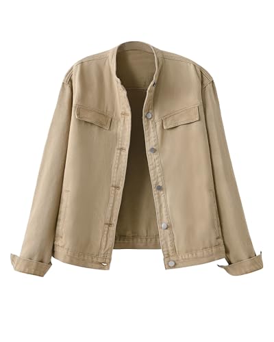 Locachy Women's Denim Jacket Casual Crew Neck Button Down Long Sleeve Jean Jacket Coats