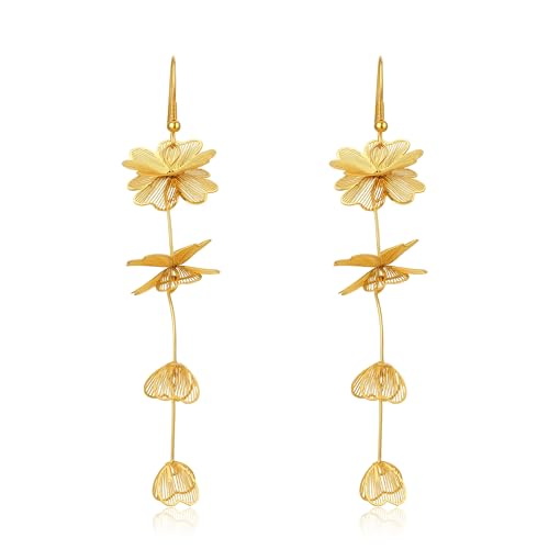 Kaleido Fashion Floral Dangle Earrings, 18K Gold Plated Hypoallergenic Earrings for Women, Elegant Design for Daily Wear, Office, Party and Gift