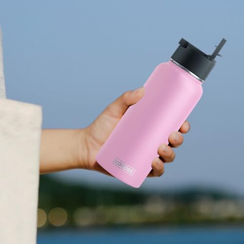 Image of koodee Water Bottle with Straw 32 oz Stainless Steel Double Wall Vacuum Insulated Wide Mouth Water Flask Reusable Metal Sports Water Bottle (Pink)