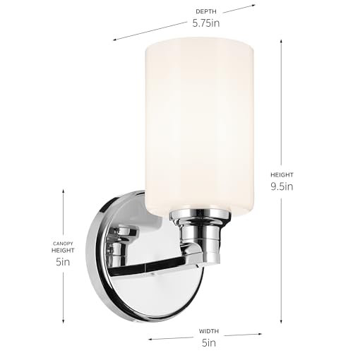 Image of Kichler Gioe 1-Light Wall Sconce Bathroom Vanity Light Fixture with Opal Glass in Chrome, Damp Rated for Powder Room, Kitchen, Hallway, Bedroom (5 inch W x 9.5 inch H), 55224CH