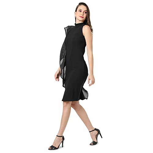 Image of PINACOLADA Women's Solid Black Slim Fit Dress with Sheer Detailing for Casual Wear | Knee Length | Crew Neck | Sleeveless | Stylish Dress Crafted with Comfort Fit & High Performance for Everyday Wear