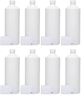 TEC Plastic Bottles Empty Containers 1 Litre 8 Pack HDPE 28mm Neck With Non Leak Screw Cap Lids and Labels for Water Chemicals Liquid Refillable Reusable Carrier 30% Recycled