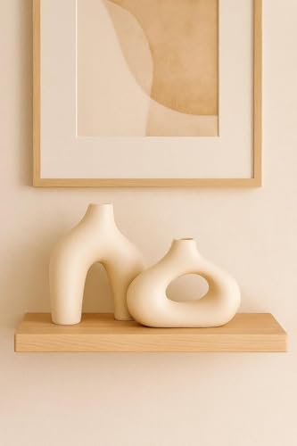Image of SPHINX Ceramic Abstract Vase Set of 2 (7.5 & 5 Inch) | Nordic Minimalist Hollow & Arch Shaped Vases for Home, Table, Shelf, Office & Boho Decor | Matte Beige Modern Decorative Potter