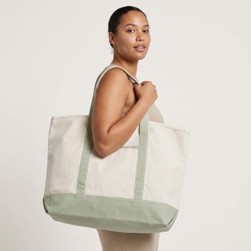 Image of Sage Green Canvas Tote Bag - Extra-Large, 22 Inch Wide, Heavy-duty, Structured Canvas Tote with Zipper Top and Exterior Pocket - 100% Cotton Tote for Shopping, Beach, Picnic, or Grocery (Sage Green) | Heavy Duty