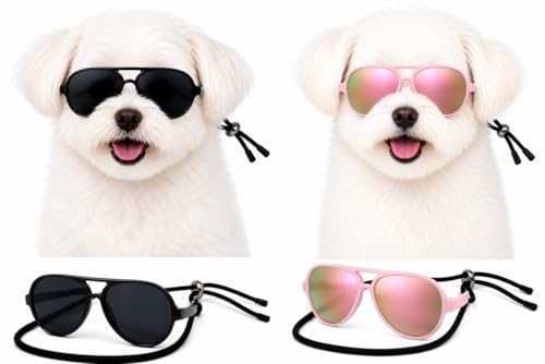 G029 Dog Cat Pet Aviator Pilot Sunglasses Glasses for Small Breeds up to 15lbs (2-Pack Black + Pink-Pink Mirror)