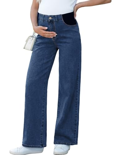 BLENCOT Womens Wide Leg Maternity Jeans Casual Office Pregnancy Pants Summer High Waisted Baggy Mom Trousers Postpartum Outfits with Pockets Dirty Blue Small