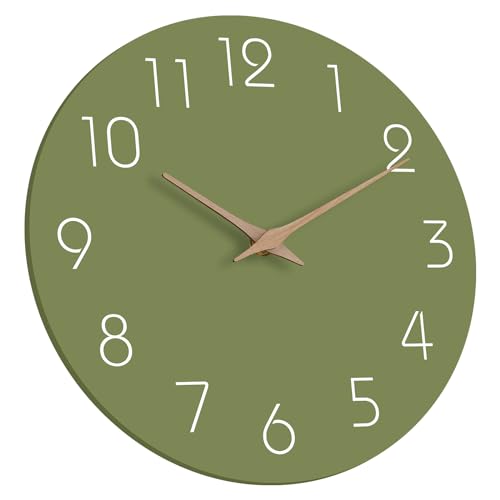 Image of Mosewa Modern Wall Clock Silent Non Ticking 12 Inch Olive Green Battery Operated Simple Minimalist for Living Room Office Bedrooms Kitchen Home Decor