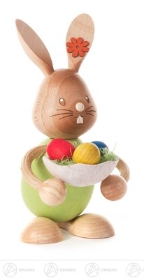 Rudolphs Schatzkiste Osterdeko Hase Stupsi mit Eierschale – Holzfigur – Ostern - Frühjahr - Höhe ca. 12,5 cm – Handarbeit Erzgebirge - NEU