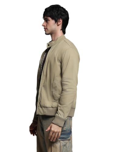 Image of Jack & Jones Men's Mock Collar Solid Cotton Casual Bomber Jacket, Standard Length