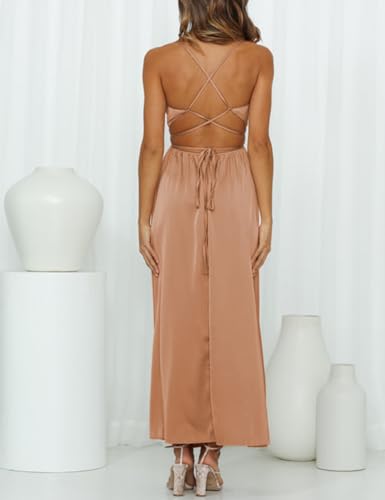 Women's Satin Cowl Neck Backless Maxi Dress Sexy Tie Back Spaghetti Strap Ruched Wedding Guest Slit Long Dresses2