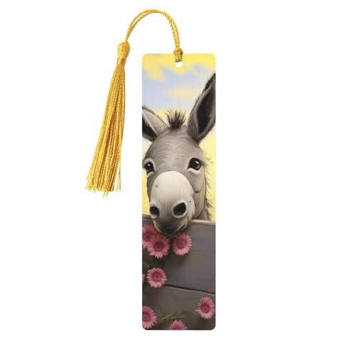 タッセル付きロバと花のしおり、女性、男性用の木製ブックマーク、本好きのためのハンドメイドブックマーク、読書ページマーカー木製タグオーナメント、誕生日教師へのギフト。