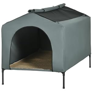 PawHut Caseta para Perros 110x75x87 cm Cama para Mascotas con Cubierta Exterior Cojín y Ventanas de Malla Enrollable para Perros Grandes Gris