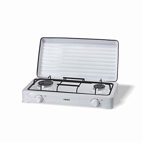 HAEGER Double Fire Gaskocher mit 2 Brennern, Emaille Leder, leicht zu reinigen, Brenner aus Aluminium, korrosionsbeständig, Deckel aus Emaille