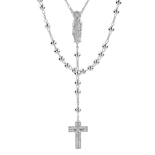 HarlemBling Solid 925 Sterling Silver Rosary Beads - Heavy 36.5 Grams - 6mm Wide - Men's Rosario Necklace Prayer Beads