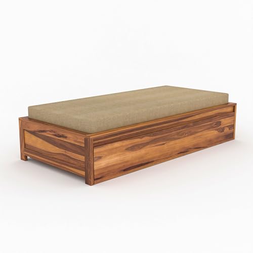 Image of Wooden Single Size Bed with Mattress for Living Room, Drawing Room & Bedroom | Space Saving Wooden Cot /Palang /Diwan with Trundle Drawer Storage | Solid Wood Sheesham | Honey Finish