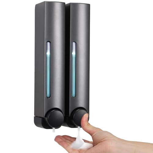 Dispensador de jabón para fijación en pared, juego de 2 dispensadores de gel de ducha de 380 ml, sin taladrar, con soporte de pared, autoadhesivo, para casa, hotel, baño, ducha (gris)