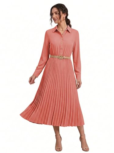 Image of Business Casual Shirt Dress for Women Long Sleeves Pleated Midi Dresses with Belt