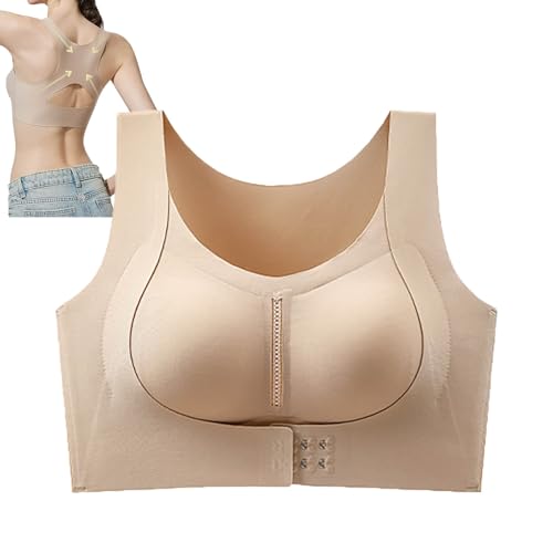 Sujetador Corrector de Postura para Mujer: Cierre Frontal, Espalda Cruzada, sin Aros, Efecto Lifting y Soporte Lumbar (Nude,S)