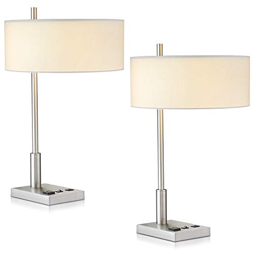 Up To 60% OFF USB Table Lamp Set of 2, LMS 23" Bedside Table Lamps with USB Charging Ports,Modern Nightstand Lamp in Satin Nickel Finish with Fabric Shade, Table Lamps for Bedroom Living Room, LMS-067
