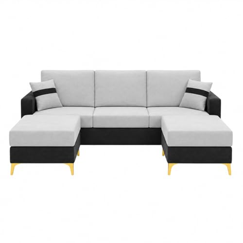 Image of Strike Dual Tone Plush 5 Seater L Shape Sofa Set with 2 Movable Ottomans | Flexible Layout | Silken Velvet Suede| Golden Metal Legs | for Living Room & Office (Light Grey & Black)