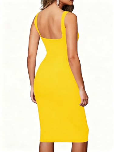 Image of TOPSRANI Women Sexy Midi Dress Bodycon Casual Sleeveless Basic Ruched Tank Summer Club Party Dresses
