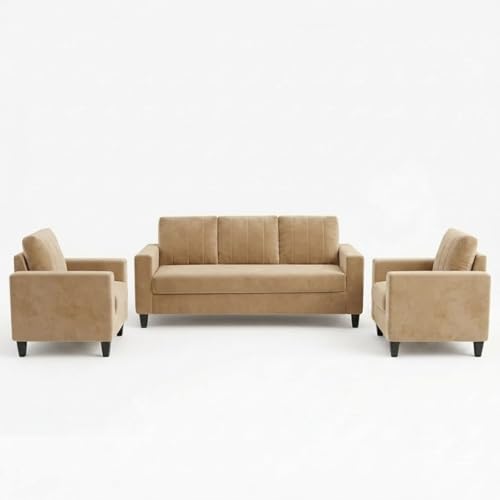 Image of Hendrick Plush Velvet 3 Seater + 1 Seater + 1 Seater Sofa Set | Silken Velvet Upholstery | Golden Legs | Designer Set for Living Room & Office Spaces (Beige)