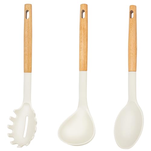EANINNO Silicone Cooking Spoons Set, 3 PCS Nonstick Large Soup Ladle Solid Spoon Pasta Server for Spaghetti Sauce Serving Stirring, Heat Resistant Kitchen Utensils Wooden Light Khaki