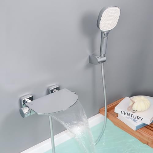 SHANFO Robinet de Baignoire avec Douchette, Mitigeur Baignoire Cascade, Mitigeur Bain Douche Mural, Laiton, Chromé, 16Y1OK
