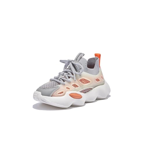 Kids Athletic Sneakers, Gray and Orange, Breathable Mesh, Lightweight Cushioned Sole
