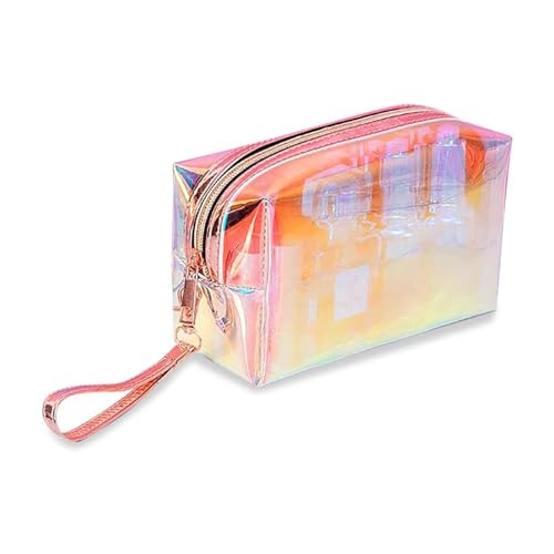 Desuibao Iridescent Holographic Makeup Bag with Wrist Strap, Travel Clear Toiletry Bag, Lipstick Cosmetic Pouch