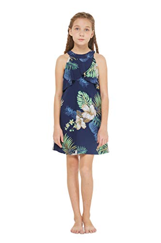 Matchable Hawaiian Luau Mother Daughter Women Cap Sleeve Dress or Girl Round Neck Dress in Pineapple Garden Navy3