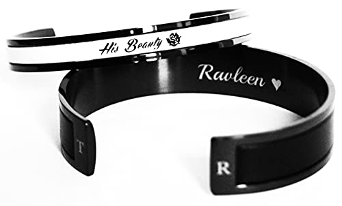 Personalized Matching Couples Cuff Bracelets Third Wedding Anniversary Gift with Leather Inlay His and Her Jewelry Black Tone