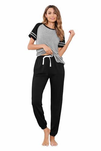 Image of Ekouaer Lounge Sets for Women Two Piece Pajama Set Short Sleeve Crewneck Jogger Outfits and Sweatpants Tracksuit