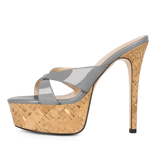 Image of Esvowido Heeled Mules for Women Cork Platform Stiletto Heels Slip on Open Toe High Heeled Sandals Crisscross Slippers Pumps Shoes