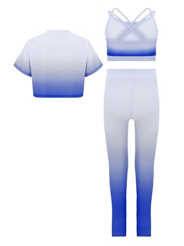 YiZYiF Kids Girls Gradient Sports Dance Outfit Shortsleeve Cropped Tshirt Vest And Leggings Set2