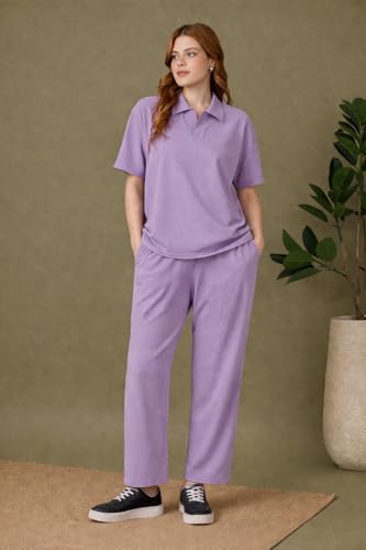 Image of Kvetoo Women Solid Tracksuit Set Cotton Lounge Wear Set Half Sleeve Polo T-Shirt & Straight Pant Casual Travel Outfit